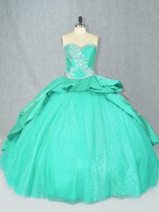 Smart Turquoise Ball Gowns Satin Sweetheart Sleeveless Embroidery Lace Up Quinceanera Dresses Court Train