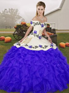 Blue Organza Lace Up Quince Ball Gowns Sleeveless Floor Length Embroidery and Ruffles