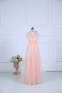 Floor Length Zipper Dama Dress for Quinceanera Peach for Wedding Party with Ruching
