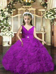 Super V-neck Sleeveless Fabric With Rolling Flowers Kids Pageant Dress Beading and Ruching Backless