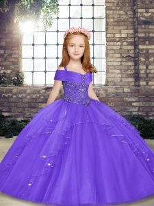 Perfect Lavender Ball Gowns Straps Sleeveless Tulle Floor Length Lace Up Beading Little Girl Pageant Dress
