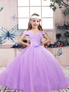 Customized Sleeveless Floor Length Belt Lace Up Child Pageant Dress with Lavender