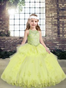 Sleeveless Tulle Floor Length Lace Up Pageant Dress for Teens in Yellow Green with Lace and Appliques