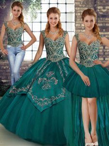 Floor Length Teal 15 Quinceanera Dress Tulle Sleeveless Beading and Embroidery