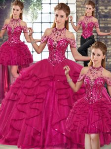Best Selling Fuchsia Halter Top Lace Up Beading and Ruffles Quince Ball Gowns Sleeveless