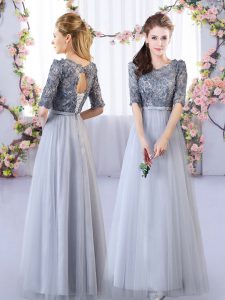 Half Sleeves Tulle Floor Length Lace Up Court Dresses for Sweet 16 in Grey with Appliques