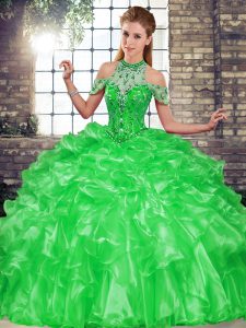 Beauteous Green Sweet 16 Quinceanera Dress Military Ball and Sweet 16 and Quinceanera with Beading and Ruffles Halter Top Sleeveless Lace Up