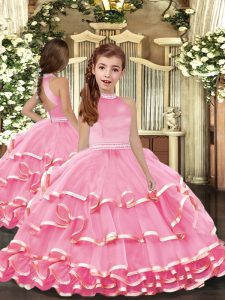 Custom Made Pink Halter Top Neckline Beading and Ruffled Layers Little Girl Pageant Dress Sleeveless Backless