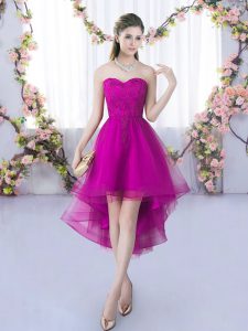 Exquisite Fuchsia Tulle Lace Up Quinceanera Dama Dress Sleeveless High Low Lace