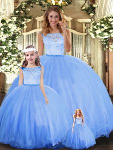 Dazzling Blue Tulle Clasp Handle Custom Made Sleeveless Floor Length Lace