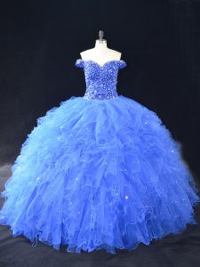 Inexpensive Blue Off The Shoulder Neckline Beading and Ruffles Quinceanera Dresses Sleeveless Lace Up