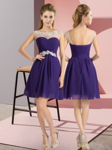 Ideal Bateau Cap Sleeves Quinceanera Court of Honor Dress Mini Length Beading Purple Chiffon