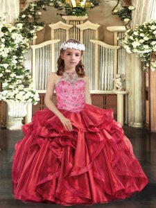 Exquisite Red Ball Gowns Beading and Ruffles Little Girls Pageant Dress Wholesale Lace Up Organza Sleeveless Floor Length