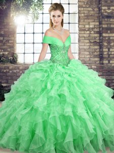 Most Popular Apple Green Organza Lace Up Off The Shoulder Sleeveless Quinceanera Gowns Brush Train Beading and Ruffles