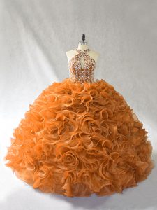 Orange and Brown Sleeveless Organza Brush Train Lace Up Teens Party Dress for Sweet 16 and Quinceanera