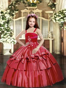 Sleeveless Lace Up Floor Length Beading and Ruffled Layers Child Pageant Dress