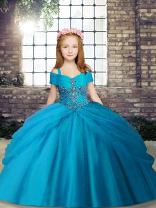 Sleeveless Tulle Floor Length Lace Up Little Girls Pageant Gowns in Baby Blue with Beading