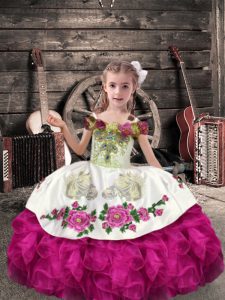 Dramatic Fuchsia Organza Lace Up Off The Shoulder Sleeveless Floor Length Little Girl Pageant Dress Beading and Embroidery and Ruffles