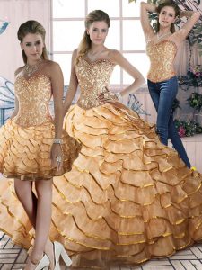 Sleeveless Beading and Ruffles Lace Up Quinceanera Gown with Gold Brush Train