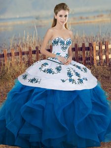 New Arrival Blue And White Lace Up Sweetheart Embroidery and Ruffles and Bowknot Vestidos de Quinceanera Tulle Sleeveless