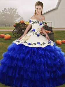 Floor Length Royal Blue Quinceanera Gowns Off The Shoulder Sleeveless Lace Up