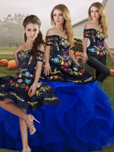 Hot Sale Embroidery and Ruffles Sweet 16 Dresses Royal Blue Lace Up Sleeveless Floor Length