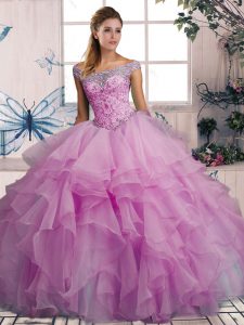 Floor Length Lace Up Quinceanera Dress Lilac for Military Ball and Sweet 16 and Quinceanera with Beading and Ruffles