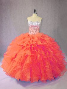 Dazzling Orange Ball Gown Prom Dress Sweet 16 and Quinceanera with Beading and Ruffles Sweetheart Sleeveless Lace Up