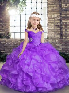 Floor Length Lace Up Girls Pageant Dresses Lavender for Party and Wedding Party with Beading and Ruffles