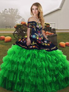 Organza Off The Shoulder Sleeveless Lace Up Embroidery and Ruffled Layers Quinceanera Gowns in Green