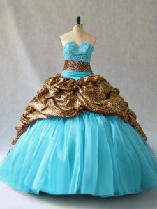 V-neck Sleeveless Quince Ball Gowns Beading and Pick Ups Aqua Blue Organza and Printed