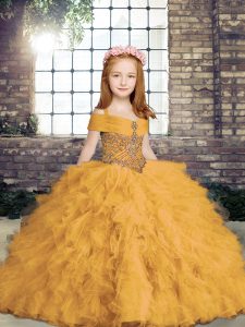Gold Tulle Lace Up Straps Sleeveless Floor Length Pageant Gowns Beading