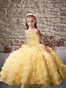 Gold Ball Gowns Beading and Ruffled Layers Pageant Dress Wholesale Lace Up Tulle Sleeveless
