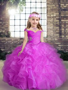 Fuchsia Ball Gowns Straps Sleeveless Organza Floor Length Lace Up Beading and Ruffles Girls Pageant Dresses
