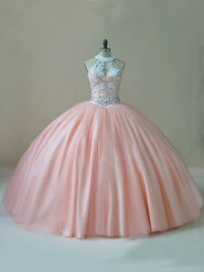 Floor Length Peach Quinceanera Gown Halter Top Sleeveless Lace Up