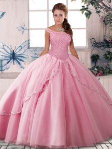 Rose Pink Lace Up Quinceanera Dresses Beading Sleeveless Brush Train