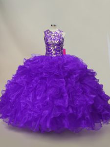 Nice Floor Length Purple 15th Birthday Dress Organza Sleeveless Ruffles and Sequins