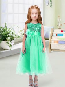 Turquoise Organza Zipper Scoop Sleeveless Tea Length Pageant Dress for Teens Sequins and Hand Made Flower