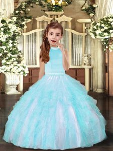 Fancy Aqua Blue Ball Gowns Beading and Ruffles High School Pageant Dress Backless Tulle Sleeveless Floor Length