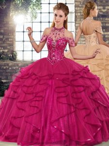 Halter Top Sleeveless Lace Up Military Ball Dresses Fuchsia Tulle