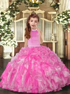 High-neck Sleeveless Backless Little Girls Pageant Gowns Rose Pink Organza
