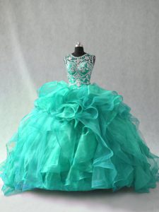 Great Sleeveless Floor Length Beading and Ruffles Lace Up Sweet 16 Quinceanera Dress with Turquoise