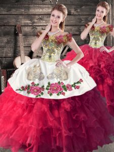 Inexpensive Embroidery and Ruffles Sweet 16 Dresses Pink And White Lace Up Sleeveless Floor Length