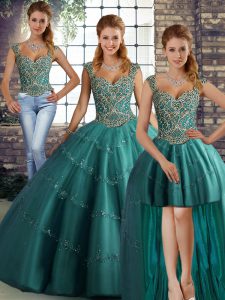 Custom Designed Straps Sleeveless Tulle Ball Gown Prom Dress Beading and Appliques Lace Up