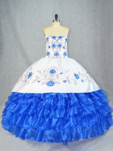 Eye-catching Blue And White Sleeveless Asymmetrical Embroidery and Ruffled Layers Lace Up Vestidos de Quinceanera