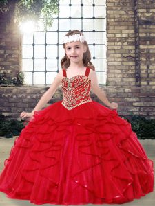 Dazzling Red Lace Up Straps Beading and Ruffles Kids Formal Wear Tulle Sleeveless
