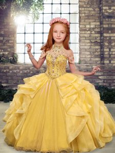 Gold Pageant Gowns For Girls Party and Wedding Party with Beading and Ruffles Scoop Sleeveless Lace Up