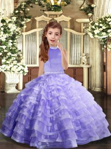 Beading and Ruffled Layers Little Girl Pageant Gowns Lavender Backless Sleeveless Floor Length