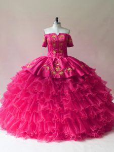 Ball Gowns 15 Quinceanera Dress Fuchsia Off The Shoulder Organza Sleeveless Floor Length Lace Up