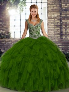 Delicate Sleeveless Floor Length Beading and Ruffles Lace Up Military Ball Dresses For Women with Olive Green